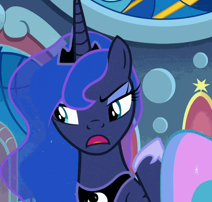 Size: 736x701 | Tagged: safe, screencap, character:princess luna, species:alicorn, species:pony, episode:sparkle's seven, g4, my little pony: friendship is magic, animated, cropped, cute, expressions, female, gif, luna is not amused, lunabetes, mare, offscreen character, pouting, throne room, unamused