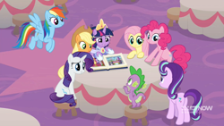 Size: 1920x1080 | Tagged: safe, screencap, character:applejack, character:fluttershy, character:pinkie pie, character:rainbow dash, character:rarity, character:spike, character:starlight glimmer, character:twilight sparkle, character:twilight sparkle (alicorn), species:alicorn, species:dragon, species:earth pony, species:pegasus, species:pony, species:unicorn, episode:deep tissue memories, episode:harvesting memories, episode:memories and more, episode:the last problem, g4, my little pony: friendship is magic, bipedal, bipedal leaning, book, canterlot, clothing, coronation dress, crown, dress, female, jewelry, leaning, male, mane six, regalia, scrapbook, winged spike