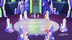 Size: 1280x720 | Tagged: safe, screencap, character:applejack, character:fluttershy, character:pinkie pie, character:rainbow dash, character:rarity, character:spike, character:starlight glimmer, species:dragon, episode:memories and more, cutie map, throne room, twilight's castle, winged spike