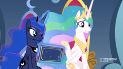Size: 1920x1080 | Tagged: safe, screencap, character:princess celestia, character:princess luna, species:alicorn, species:pony, episode:memories and more, canterlot, female, mare, scrapbook, throne, throne room
