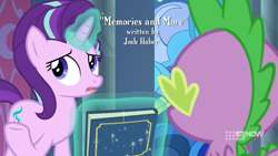 Size: 1920x1080 | Tagged: safe, screencap, character:spike, character:starlight glimmer, species:dragon, species:pony, species:unicorn, episode:memories and more, 9now, book, credits, female, josh haber, magic, male, scrapbook, title, winged spike