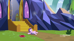 Size: 1920x1080 | Tagged: safe, screencap, character:starlight glimmer, species:pony, species:unicorn, episode:memories and more, episode:the last problem, g4, my little pony: friendship is magic, castle, female, gift box, lying down, mare, on back