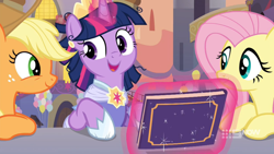 Size: 1920x1080 | Tagged: safe, screencap, character:applejack, character:fluttershy, character:twilight sparkle, character:twilight sparkle (alicorn), species:alicorn, species:earth pony, species:pegasus, species:pony, episode:memories and more, canterlot, clothing, coronation dress, crown, dress, jewelry, magic, regalia, scrapbook