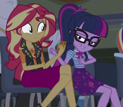 Size: 600x522 | Tagged: safe, screencap, character:sunset shimmer, character:twilight sparkle, character:twilight sparkle (scitwi), species:eqg human, episode:cheer you on, g4, my little pony:equestria girls, cellphone, cropped, female, geode of empathy, geode of telekinesis, glasses, magical geodes, phone, smartphone
