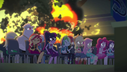 Size: 1920x1080 | Tagged: safe, screencap, character:applejack, character:bulk biceps, character:derpy hooves, character:fluttershy, character:pinkie pie, character:rainbow dash, character:rarity, character:sunset shimmer, character:trixie, character:twilight sparkle, character:twilight sparkle (scitwi), species:eqg human, episode:cheer you on, g4, my little pony:equestria girls, explosion, humane five, humane seven, humane six
