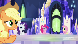 Size: 1280x720 | Tagged: safe, screencap, character:applejack, character:fluttershy, character:pinkie pie, character:rarity, species:earth pony, species:pegasus, species:pony, species:unicorn, episode:memories and more, applejack's hat, clothing, cowboy hat, cutie map, friendship throne, hat, looking at someone, sitting, smiling, throne room