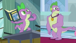 Size: 1888x1080 | Tagged: safe, screencap, character:spike, species:dragon, episode:a flurry of emotions, episode:the last problem, g4, my little pony: friendship is magic, book, comparison, older, older spike, winged spike