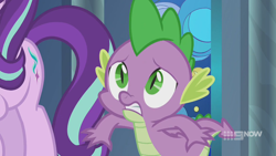 Size: 1280x720 | Tagged: safe, screencap, character:spike, character:starlight glimmer, species:dragon, species:pony, species:unicorn, episode:memories and more, 9now, duo, winged spike, worried