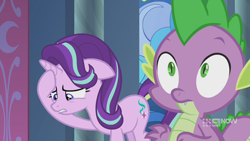 Size: 1280x720 | Tagged: safe, screencap, character:spike, character:starlight glimmer, species:dragon, species:pony, species:unicorn, episode:memories and more, 9now, duo, shocked, shrunken pupils, winged spike, worried