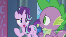 Size: 1280x720 | Tagged: safe, screencap, character:spike, character:starlight glimmer, species:dragon, species:pony, species:unicorn, episode:memories and more, 9now, duo, looking at each other, winged spike