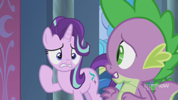 Size: 1280x720 | Tagged: safe, screencap, character:spike, character:starlight glimmer, species:dragon, species:pony, species:unicorn, episode:memories and more, 9now, duo, looking at each other, winged spike, worried