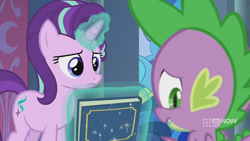 Size: 1280x720 | Tagged: safe, screencap, character:spike, character:starlight glimmer, species:dragon, species:pony, species:unicorn, episode:memories and more, 9now, book, duo, levitation, magic, magic aura, scrapbook, telekinesis, unamused, winged spike, worried