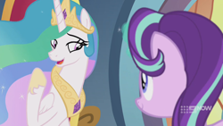 Size: 1280x720 | Tagged: safe, screencap, character:princess celestia, character:starlight glimmer, species:alicorn, species:pony, species:unicorn, episode:memories and more, 9now, duo, looking at each other, magic, magic aura