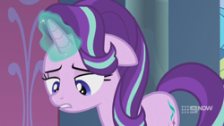 Size: 1280x720 | Tagged: safe, screencap, character:starlight glimmer, species:pony, species:unicorn, episode:memories and more, 9now, magic, sad, solo