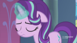 Size: 1280x720 | Tagged: safe, screencap, character:starlight glimmer, species:pony, species:unicorn, episode:memories and more, 9now, blurry, eyes closed, magic, sad, solo