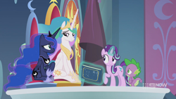 Size: 1280x720 | Tagged: safe, screencap, character:princess celestia, character:princess luna, character:spike, character:starlight glimmer, species:alicorn, species:dragon, species:pony, species:unicorn, episode:memories and more, 9now, book, levitation, looking at each other, magic, magic aura, scrapbook, smiling, telekinesis, winged spike