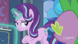 Size: 1280x720 | Tagged: safe, screencap, character:spike, character:starlight glimmer, species:dragon, species:pony, species:unicorn, episode:memories and more, 9now, bedroom eyes, book, duo, levitation, lip bite, looking at each other, magic, magic aura, scrapbook, telekinesis, winged spike