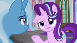 Size: 1920x1080 | Tagged: safe, screencap, character:starlight glimmer, character:trixie, species:pony, species:unicorn, episode:a horse shoe-in, g4, my little pony: friendship is magic, duo, female, floppy ears, mare