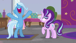 Size: 1920x1080 | Tagged: safe, screencap, character:starlight glimmer, character:trixie, species:pony, species:unicorn, episode:a horse shoe-in, g4, my little pony: friendship is magic, bipedal, cheering, female, hooves in air, mare, nose in the air, open mouth, rearing, spreading, uvula