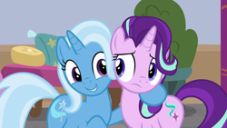 Size: 1920x1080 | Tagged: safe, screencap, character:starlight glimmer, character:trixie, species:pony, species:unicorn, episode:a horse shoe-in, g4, my little pony: friendship is magic, duo, female, mare, side hug