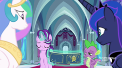 Size: 1147x645 | Tagged: safe, screencap, character:princess celestia, character:princess luna, character:spike, character:starlight glimmer, magic, sad, tired