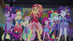 Size: 1920x1080 | Tagged: safe, screencap, character:applejack, character:fluttershy, character:pinkie pie, character:rainbow dash, character:rarity, character:sunset shimmer, character:twilight sparkle, character:twilight sparkle (scitwi), species:eqg human, episode:cheer you on, g4, my little pony:equestria girls, humane five, humane seven, humane six, ponied up, sleeveless