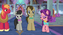 Size: 1920x1080 | Tagged: safe, screencap, character:big mcintosh, character:doctor whooves, character:octavia melody, character:spoiled rich, character:time turner, species:earth pony, species:pony, episode:a horse shoe-in, g4, my little pony: friendship is magic, crystal, female, male, mare, quartet, school of friendship, stallion