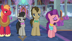 Size: 1920x1080 | Tagged: safe, screencap, character:big mcintosh, character:doctor whooves, character:octavia melody, character:spoiled rich, character:time turner, species:earth pony, species:pony, episode:a horse shoe-in, g4, my little pony: friendship is magic, arrogant, crystal, female, male, mare, quarter, school of friendship, stallion