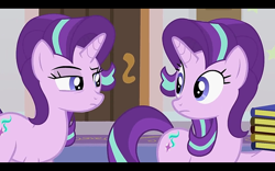 Size: 1280x800 | Tagged: safe, artist:agrol, artist:forgalorga, screencap, character:ocellus, character:starlight glimmer, species:changedling, species:changeling, species:pony, species:unicorn, book, caught, disguise, disguised changeling, duo, female, headmare of the school, looking at each other, mare, school of friendship, self ponidox, starlight is not amused, unamused, youtube link