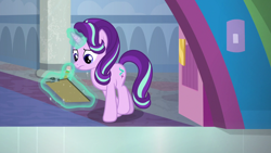 Size: 1920x1080 | Tagged: safe, screencap, character:starlight glimmer, species:pony, species:unicorn, episode:a horse shoe-in, g4, my little pony: friendship is magic, clipboard, female, magic, magic aura, mare, pencil, solo, telekinesis