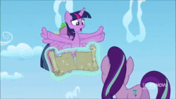 Size: 1920x1080 | Tagged: safe, screencap, character:spike, character:starlight glimmer, character:twilight sparkle, character:twilight sparkle (alicorn), species:alicorn, species:pony, species:unicorn, episode:the cutie re-mark, 9now, animated, cloudsdale, crying, sound, tears of joy, webm