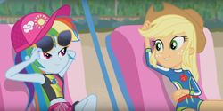 Size: 1296x646 | Tagged: safe, screencap, character:applejack, character:rainbow dash, episode:lost and found, g4, my little pony:equestria girls, beach, beautiful, belly button, clothing, friends, geode of super speed, geode of super strength, glasses, looking at each other, magical geodes, midriff, sexy, sleeveless, smiling, swimsuit