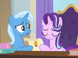 Size: 445x330 | Tagged: safe, screencap, character:starlight glimmer, character:trixie, episode:the ending of the end, g4, my little pony: friendship is magic, cropped, duo, eyes closed, letter, scroll