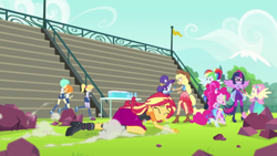 Size: 1920x1080 | Tagged: safe, screencap, character:applejack, character:cloudy kicks, character:fluttershy, character:pinkie pie, character:rainbow dash, character:rarity, character:scribble dee, character:sunset shimmer, character:twilight sparkle, character:twilight sparkle (scitwi), species:eqg human, episode:cheer you on, g4, my little pony:equestria girls, cloudy kicks, humane five, humane seven, humane six, sleeveless, tennis match