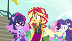 Size: 1920x1080 | Tagged: safe, screencap, character:fluttershy, character:rarity, character:sunset shimmer, character:twilight sparkle, character:twilight sparkle (scitwi), species:eqg human, episode:cheer you on, g4, my little pony:equestria girls, sleeveless