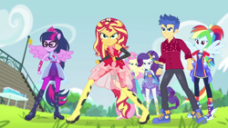 Size: 1920x1080 | Tagged: safe, screencap, character:flash sentry, character:fluttershy, character:rainbow dash, character:rarity, character:sunset shimmer, character:twilight sparkle, character:twilight sparkle (scitwi), species:eqg human, episode:cheer you on, g4, my little pony:equestria girls, blue sneakers, converse, female, male, ponied up, scitwilicorn, shoes, sleeveless, super ponied up, wings