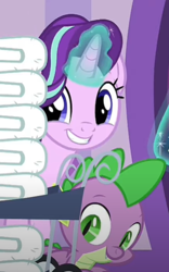 Size: 322x517 | Tagged: safe, screencap, character:spike, character:starlight glimmer, episode:deep tissue memories, cropped, duo, grin, magic, ponyville spa, smiling