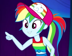 Size: 911x715 | Tagged: safe, screencap, character:rainbow dash, equestria girls:spring breakdown, g4, my little pony:equestria girls, clothing, cropped, female, hat, knot, pants, pointing, sleeveless, smiling, solo, tank top