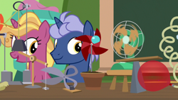 Size: 1920x1080 | Tagged: safe, screencap, character:midnight snack, species:pony, species:unicorn, episode:a horse shoe-in, g4, my little pony: friendship is magic, background pony, electric fan, female, fire flicker, friendship student, male, mare, rube goldberg machine, scissors, stallion