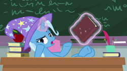 Size: 1920x1080 | Tagged: safe, screencap, character:trixie, species:pony, species:unicorn, episode:a horse shoe-in, g4, my little pony: friendship is magic, apple, board, book, classroom, female, food, hooves on the table, magic, magic aura, mare, school, solo, table, telekinesis