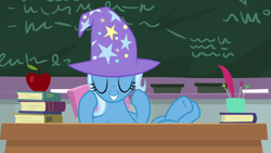 Size: 1920x1080 | Tagged: safe, screencap, character:trixie, species:pony, episode:a horse shoe-in, g4, my little pony: friendship is magic, apple, clothing, eyes closed, female, food, hat, hooves on the table, mare, solo, trixie's hat