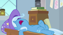 Size: 1920x1080 | Tagged: safe, screencap, character:trixie, species:pony, episode:a horse shoe-in, g4, my little pony: friendship is magic, clothing, female, hat, mare, misleading thumbnail, open mouth, sleeping, snoring, solo, trixie's hat