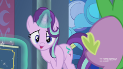 Size: 1280x720 | Tagged: safe, screencap, character:spike, character:starlight glimmer, species:pony, species:unicorn, episode:memories and more, book, glowing horn, horn