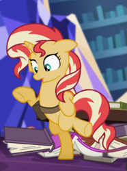 Size: 397x534 | Tagged: safe, screencap, character:sunset shimmer, species:pony, species:unicorn, equestria girls:mirror magic, g4, my little pony:equestria girls, bipedal, book, cropped, floppy ears, in the human world for too long, solo