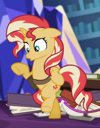 Size: 402x514 | Tagged: safe, screencap, character:sunset shimmer, species:pony, species:unicorn, equestria girls:mirror magic, g4, my little pony:equestria girls, bag, bipedal, book, cropped, floppy ears, in the human world for too long, saddle bag, solo