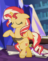Size: 412x526 | Tagged: safe, screencap, character:sunset shimmer, species:pony, species:unicorn, equestria girls:mirror magic, g4, my little pony:equestria girls, animation error, bipedal, book, cropped, eyes closed, floppy ears, in the human world for too long