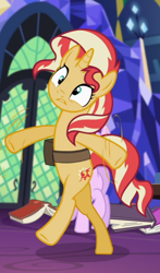 Size: 510x867 | Tagged: safe, screencap, character:starlight glimmer, character:sunset shimmer, species:pony, species:unicorn, equestria girls:mirror magic, g4, my little pony:equestria girls, bag, bipedal, cropped, female, in the human world for too long, mare, offscreen character, saddle bag, solo focus