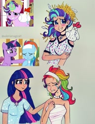 Size: 3119x4065 | Tagged: safe, artist:valeriamagicart, screencap, character:rainbow dash, character:starlight glimmer, character:twilight sparkle, character:twilight sparkle (alicorn), species:alicorn, species:bird, species:chicken, species:human, species:pegasus, species:pony, species:unicorn, episode:deep tissue memories, episode:harvesting memories, bare shoulders, blushing, confession, crying, female, humanized, mare, scene interpretation, sleeveless, smiling, spa pony rainbow dash, strapless, sweet apple acres, traditional art