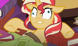 Size: 1203x719 | Tagged: safe, screencap, character:sunset shimmer, species:pony, species:unicorn, equestria girls:mirror magic, g4, my little pony:equestria girls, book, cropped, derp, disoriented, floppy ears, solo
