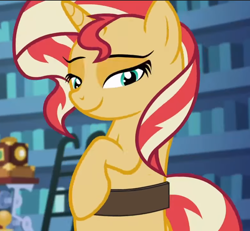 Size: 834x770 | Tagged: safe, screencap, character:sunset shimmer, species:pony, species:unicorn, equestria girls:mirror magic, g4, my little pony:equestria girls, bipedal, cropped, lidded eyes, looking at you, smiling, solo